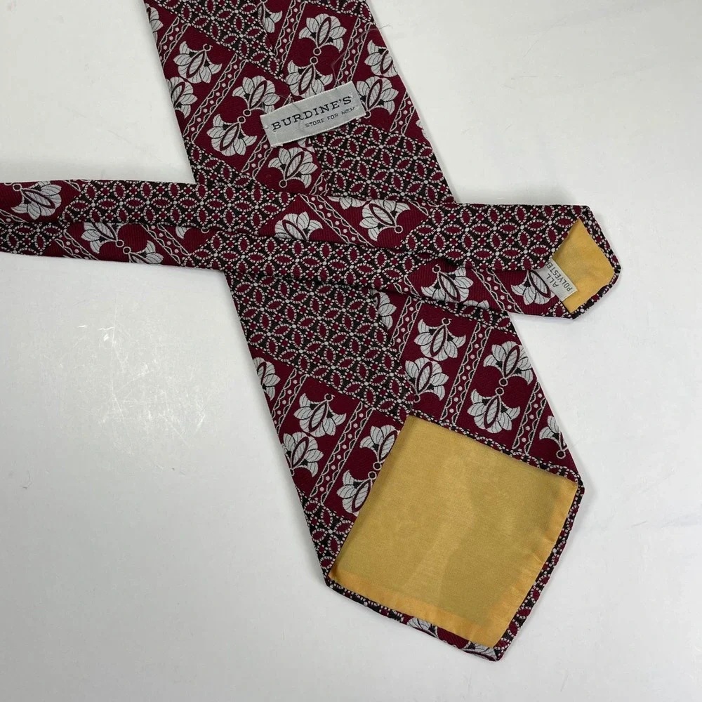 Vintage Burdine's Necktie Men Burgundy Geometric Floral 1970s Wide Tie Retro